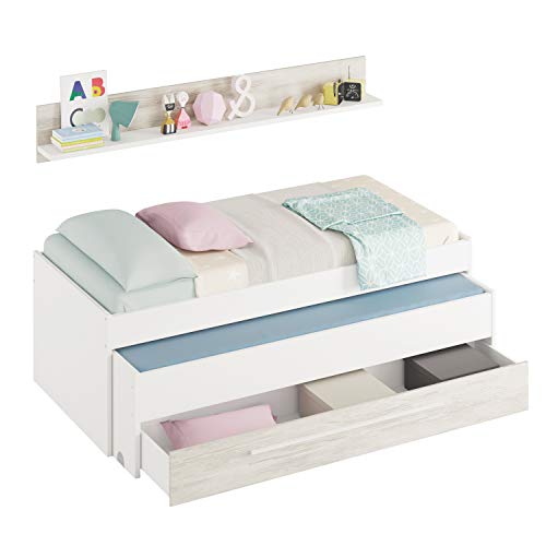 Habitdesign Cama Nido Juvenil, Dos Camas + Cajon + Estante, Cama Infantil, Modelo Elliot, Acabado en Color Blanco Artik y Blanco Velho, Medidas: 199 cm (Ancho) x 96 cm (Fondo) x 65 cm (Alto) Habitdesign Cama Nido Juvenil, Dos Camas + Cajon + Estante, Cama Infantil, Modelo Elliot, Acabado en Color Blanco Artik y Blanco Velho, Medidas: 199 cm (Ancho) x 96 cm (Fondo) x 65 cm (Alto)