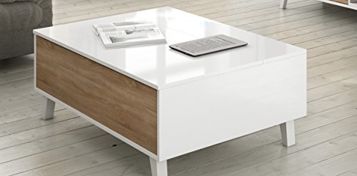 Habitdesign Mesa de Centro Elevable con Revistero Incorporado, Modelo Zaiken Plus, Color Blanco Brillo y Roble Canadian, Medidas: 100 cm (Ancho) x 38/48 cm (Alto) x 68 cm (Fondo) Habitdesign Mesa de Centro Elevable con Revistero Incorporado, Modelo Zaiken Plus, Color Blanco Brillo y Roble Canadian, Medidas: 100 cm (Ancho) x 38/48 cm (Alto) x 68 cm (Fondo)