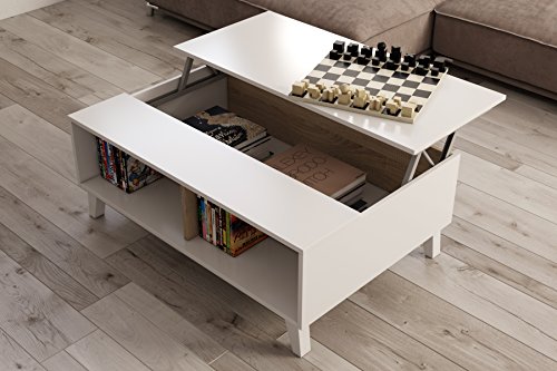 Habitdesign Mesa de Centro Elevable con Revistero Incorporado, Modelo Zaiken Plus, Color Blanco Brillo y Roble Canadian, Medidas: 100 cm (Ancho) x 38/48 cm (Alto) x 68 cm (Fondo) Habitdesign Mesa de Centro Elevable con Revistero Incorporado, Modelo Zaiken Plus, Color Blanco Brillo y Roble Canadian, Medidas: 100 cm (Ancho) x 38/48 cm (Alto) x 68 cm (Fondo)