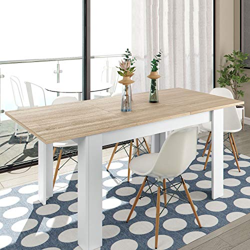 Habitdesign Mesa de Comedor Extensible, Mesa salón o Cocina, Acabado en Color Blanco Artik y Roble Canadian, Modelo Kendra, Medidas: 123-173 cm (Largo) x 75 cm (Ancho) x 78 cm (Alto)