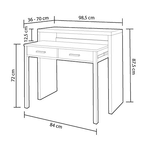 Habitdesign Mesa Escritorio Extensible, Mesa Estudio, Consola, Acabado en Color Roble Canadian y Blanco Artik, Medidas: 98,5 cm (Ancho) x 36-70 cm (Fondo) x 87,5 cm (Alto)