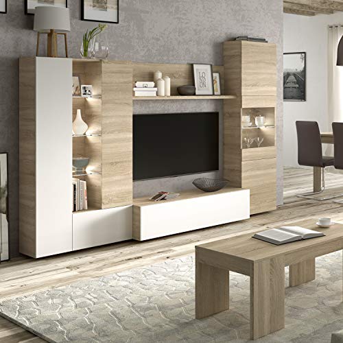 Habitdesign Mueble de Comedor con Leds, Mueble Salon, Modelo Essential, Acabado en Blanco Brillo y Roble Canadian, Medidas: 260 cm (Ancho) x 185 cm (Alto) x 42 cm (Fondo) Habitdesign Mueble de Comedor con Leds, Mueble Salon, Modelo Essential, Acabado en Blanco Brillo y Roble Canadian, Medidas: 260 cm (Ancho) x 185 cm (Alto) x 42 cm (Fondo)