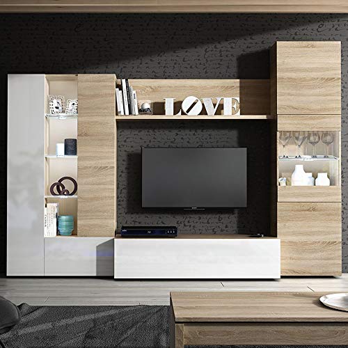 Habitdesign Mueble de Comedor con Leds, Mueble Salon, Modelo Essential, Acabado en Blanco Brillo y Roble Canadian, Medidas: 260 cm (Ancho) x 185 cm (Alto) x 42 cm (Fondo) Habitdesign Mueble de Comedor con Leds, Mueble Salon, Modelo Essential, Acabado en Blanco Brillo y Roble Canadian, Medidas: 260 cm (Ancho) x 185 cm (Alto) x 42 cm (Fondo)