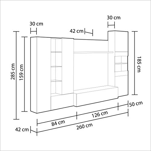 Habitdesign Mueble de Comedor con Leds, Mueble Salon, Modelo Essential, Acabado en Blanco Brillo y Roble Canadian, Medidas: 260 cm (Ancho) x 185 cm (Alto) x 42 cm (Fondo)