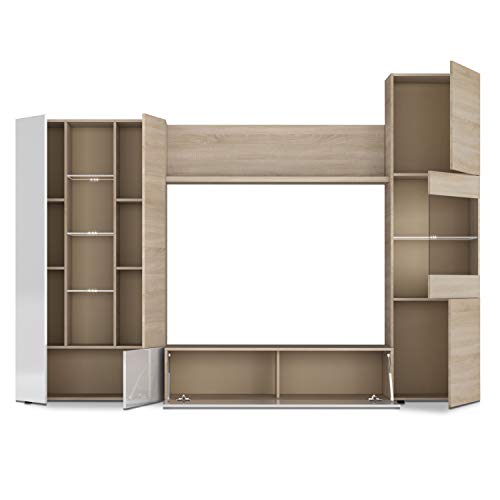 Habitdesign Mueble de Comedor con Leds, Mueble Salon, Modelo Essential, Acabado en Blanco Brillo y Roble Canadian, Medidas: 260 cm (Ancho) x 185 cm (Alto) x 42 cm (Fondo) Habitdesign Mueble de Comedor con Leds, Mueble Salon, Modelo Essential, Acabado en Blanco Brillo y Roble Canadian, Medidas: 260 cm (Ancho) x 185 cm (Alto) x 42 cm (Fondo)