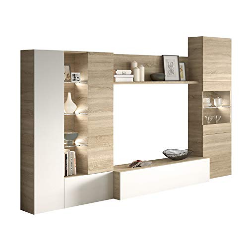Habitdesign Mueble de Comedor con Leds, Mueble Salon, Modelo Essential, Acabado en Blanco Brillo y Roble Canadian, Medidas: 260 cm (Ancho) x 185 cm (Alto) x 42 cm (Fondo) Habitdesign Mueble de Comedor con Leds, Mueble Salon, Modelo Essential, Acabado en Blanco Brillo y Roble Canadian, Medidas: 260 cm (Ancho) x 185 cm (Alto) x 42 cm (Fondo)