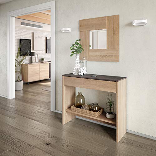 Habitdesign Mueble Recibidor con Cajón y Espejo, Mueble Consola, Acabado en Color Roble Canadian y Oxido, Medidas: 92 cm (Ancho) x 79 cm (Alto) x 33 cm (Fondo) Habitdesign Mueble Recibidor con Cajón y Espejo, Mueble Consola, Acabado en Color Roble Canadian y Oxido, Medidas: 92 cm (Ancho) x 79 cm (Alto) x 33 cm (Fondo)