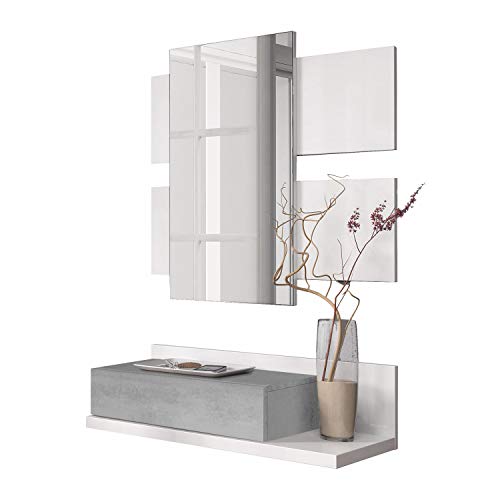 Habitdesign Recibidor con cajón y Espejo, Mueble de Entrada, Modelo Tekkan, Acabado en Blanco Artik y Gris Cemento, Medidas: 75 cm (Ancho) x 116 cm (Alto) x 29 cm (Fondo)