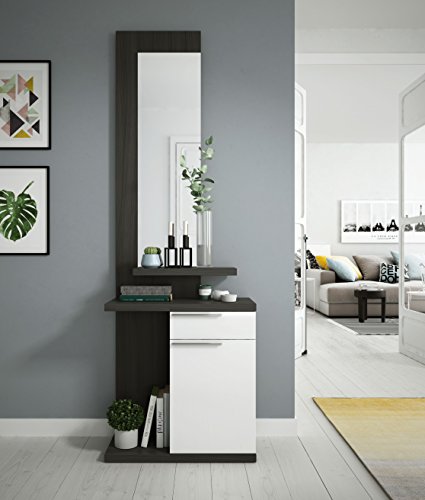 Habitdesign Recibidor con Espejo, Mueble de Entrada, Acabado en Color Blanco Brillo y Gris Ceniza, Medidas: 186 cm (Alto) x 61 cm (Ancho) x 29 cm (Fondo)