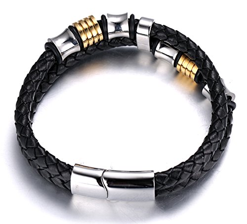 Halukakah ● Honra ● Hombres Pulsera de Cuero auténtico con Cordones de Titanio Acero Inoxidable y Oro Plata Magnético 8.46"(21.5cm) con Caja de Regalo Gratuita