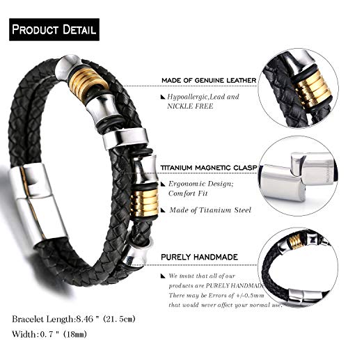 Halukakah ● Honra ● Hombres Pulsera de Cuero auténtico con Cordones de Titanio Acero Inoxidable y Oro Plata Magnético 8.46"(21.5cm) con Caja de Regalo Gratuita