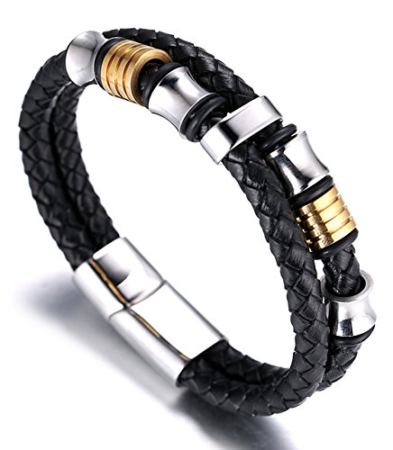 Halukakah ● Honra ● Hombres Pulsera de Cuero auténtico con Cordones de Titanio Acero Inoxidable y Oro Plata Magnético 8.46"(21.5cm) con Caja de Regalo Gratuita