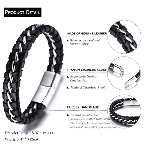 Halukakah ● Solo ● Pulsera Hombre Cuero Genuina Cadena Titanio Acero Inoxidable Hecho a Mano Cierre Magnético Negro & Plata 8.46"(21.5cm) con CajaDeRegaloGRATIS