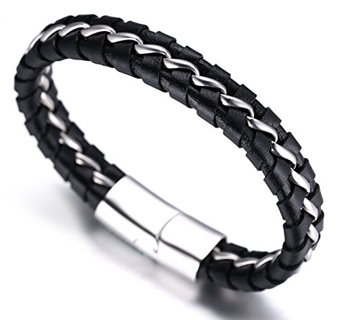 Halukakah ● Solo ● Pulsera Hombre Cuero Genuina Cadena Titanio Acero Inoxidable Hecho a Mano Cierre Magnético Negro & Plata 8.46"(21.5cm) con CajaDeRegaloGRATIS