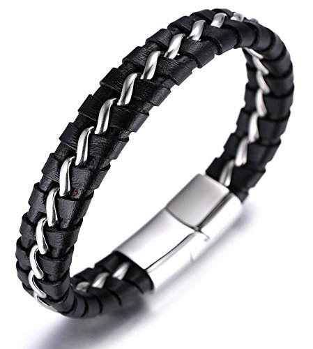 Halukakah ● Solo ● Pulsera Hombre Cuero Genuina Cadena Titanio Acero Inoxidable Hecho a Mano Cierre Magnético Negro & Plata 8.46"(21.5cm) con CajaDeRegaloGRATIS