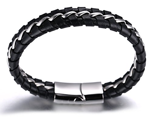 Halukakah ● Solo ● Pulsera Hombre Cuero Genuina Cadena Titanio Acero Inoxidable Hecho a Mano Cierre Magnético Negro & Plata 8.46"(21.5cm) con CajaDeRegaloGRATIS