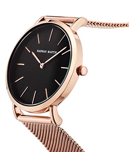 Hannah Martin Reloj de Cuarzo para Mujer Banda Malla Acero Inoxidable Ultra Delgado (Negro, Banda de Oro Rosa)