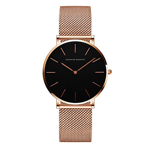 Hannah Martin Reloj de Cuarzo para Mujer Banda Malla Acero Inoxidable Ultra Delgado (Negro, Banda de Oro Rosa)