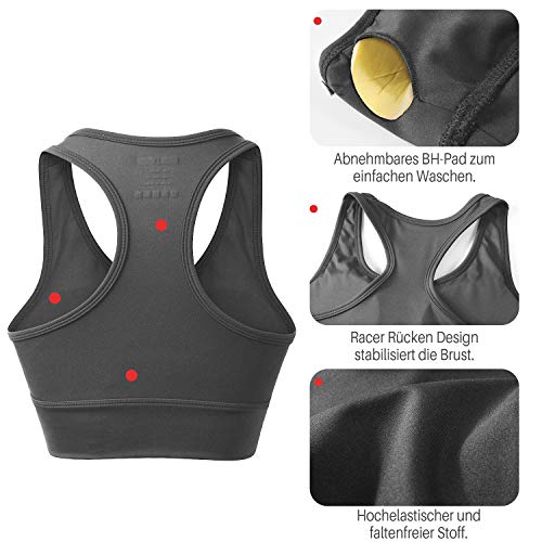 HAPYWER Sujetador deportivo Push Up de sujeción fuerte, para yoga, deporte, de malla, transpirable, desmontable, acolchado para sujetador, para mujer, negro/gris oscuro, S-2XL gris oscuro XL