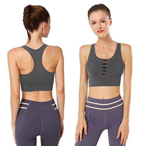 HAPYWER Sujetador deportivo Push Up de sujeción fuerte, para yoga, deporte, de malla, transpirable, desmontable, acolchado para sujetador, para mujer, negro/gris oscuro, S-2XL gris oscuro XL