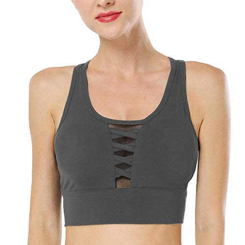 HAPYWER Sujetador deportivo Push Up de sujeción fuerte, para yoga, deporte, de malla, transpirable, desmontable, acolchado para sujetador, para mujer, negro/gris oscuro, S-2XL gris oscuro XL