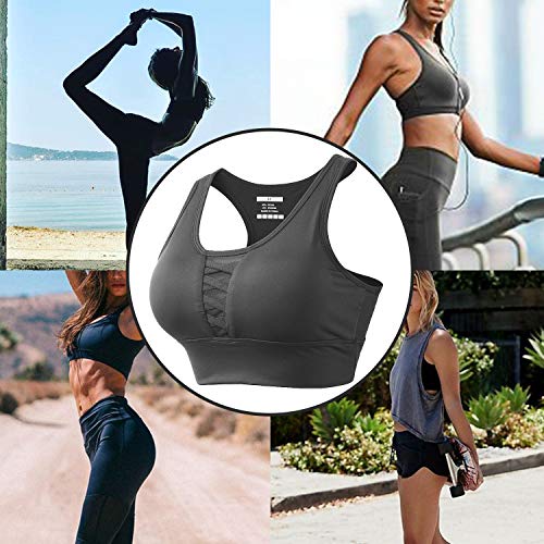 HAPYWER Sujetador deportivo Push Up de sujeción fuerte, para yoga, deporte, de malla, transpirable, desmontable, acolchado para sujetador, para mujer, negro/gris oscuro, S-2XL gris oscuro XL