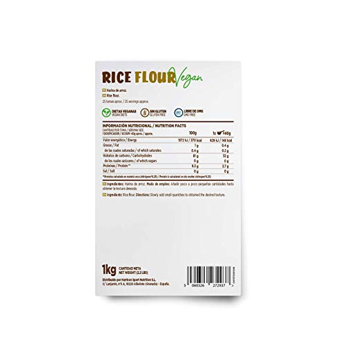 Harina de Arroz de HSN | Rice Flour | Energía Saludable 100% Natural | Formato de Finísima Textura en Polvo | Vegana, Sin Gluten, Sin Lactosa, Sin Soja, Sin Sabor, 1 Kg