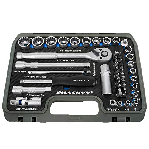 HASKYY Juego de Llaves de Vaso Profesionales I Llave de Carraca Reversible de 1/4" y 3/8" I Trinquete de Torx-XZN-E-Profile Set I Kit de Herramientas Mecánicas para el Auto I 52 Piezas