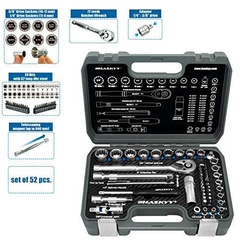 HASKYY Juego de Llaves de Vaso Profesionales I Llave de Carraca Reversible de 1/4" y 3/8" I Trinquete de Torx-XZN-E-Profile Set I Kit de Herramientas Mecánicas para el Auto I 52 Piezas HASKYY Juego de Llaves de Vaso Profesionales I Llave de Carraca Reversible de 1/4" y 3/8" I Trinquete de Torx-XZN-E-Profile Set I Kit de Herramientas Mecánicas para el Auto I 52 Piezas