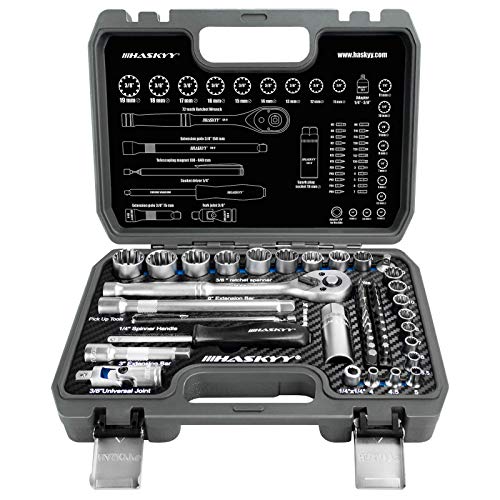 HASKYY Juego de Llaves de Vaso Profesionales I Llave de Carraca Reversible de 1/4" y 3/8" I Trinquete de Torx-XZN-E-Profile Set I Kit de Herramientas Mecánicas para el Auto I 52 Piezas HASKYY Juego de Llaves de Vaso Profesionales I Llave de Carraca Reversible de 1/4" y 3/8" I Trinquete de Torx-XZN-E-Profile Set I Kit de Herramientas Mecánicas para el Auto I 52 Piezas