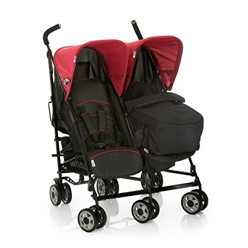 Hauck Turbo Duo - Silla gemelar para gemelos y hermanos de 0 meses hasta 15 kg, sistema de arnés de 5 puntos, ancho 75 cm, ancho asiento 2 x 29 cm, plegable ruedas desmontables, color rojo y negro