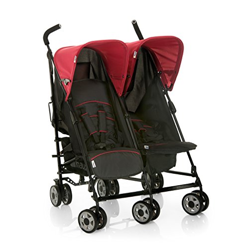 Hauck Turbo Duo - Silla gemelar para gemelos y hermanos de 0 meses hasta 15 kg, sistema de arnés de 5 puntos, ancho 75 cm, ancho asiento 2 x 29 cm, plegable ruedas desmontables, color rojo y negro