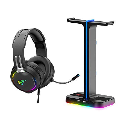 havit Auriculares Gaming y Soporte para Auriculares Doble con Cable RGB, Soporte Cascos con 2 Cables de extensión de Puerto de Carga de expansión USB 2.0,Cascos Gaming,Negro