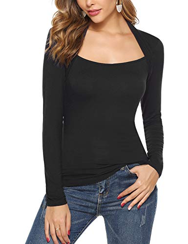 Hawiton Camiseta de Manga Larga para Mujer Algodon Ajustado Cuello de Barco Blusas Elegante Tops para Primavera,Otoño,Invierno