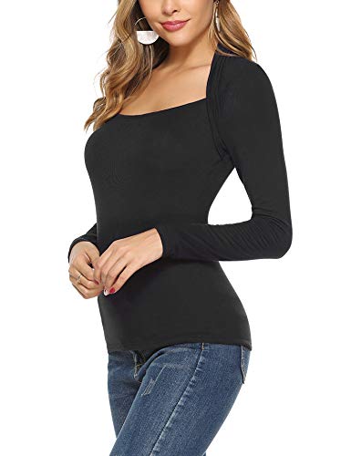 Hawiton Camiseta de Manga Larga para Mujer Algodon Ajustado Cuello de Barco Blusas Elegante Tops para Primavera,Otoño,Invierno