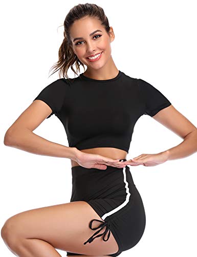 Hawiton Conjunto de Ropa Deportiva para Mujer Top de Running de Manga Corta de 2 Piezas & Pantalones Cortos de Cintura Alta Yoga Gym Wear