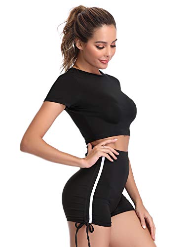 Hawiton Conjunto de Ropa Deportiva para Mujer Top de Running de Manga Corta de 2 Piezas & Pantalones Cortos de Cintura Alta Yoga Gym Wear