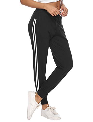 Hawiton Pantalon Chandal Mujer Largos Pantalones de Deporte Yoga Fitness Jogger Pantalones de Punto de Rayas (1#Negro, Small)