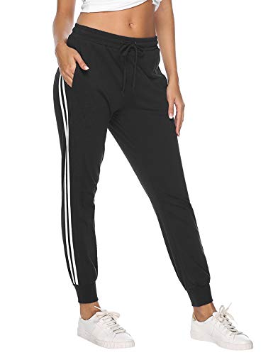 Hawiton Pantalon Chandal Mujer Largos Pantalones de Deporte Yoga Fitness Jogger Pantalones de Punto de Rayas (1#Negro, Small)