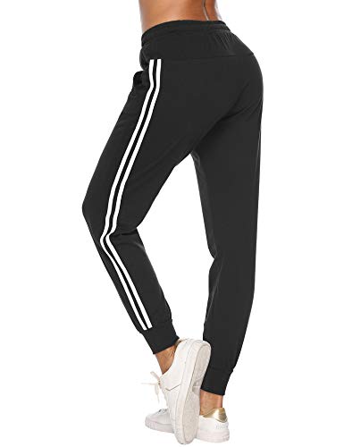 Hawiton Pantalon Chandal Mujer Largos Pantalones de Deporte Yoga Fitness Jogger Pantalones de Punto de Rayas (1#Negro, Small)