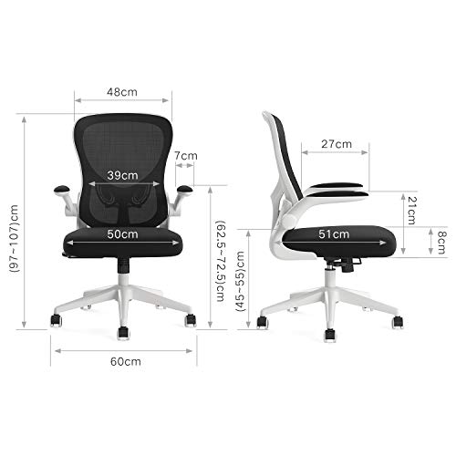 Hbada Silla de Oficina Silla de Escritorio ergonómica Silla giratoria con reposabrazos Plegables Soporte Lumbar Ajustable Silla de computadora de Malla Silla de Trabajo Silla Ligera Blanco