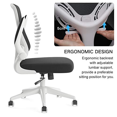 Hbada Silla de Oficina Silla de Escritorio ergonómica Silla giratoria con reposabrazos Plegables Soporte Lumbar Ajustable Silla de computadora de Malla Silla de Trabajo Silla Ligera Blanco