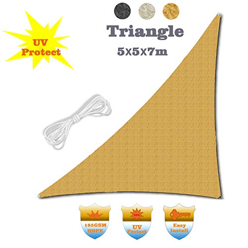 HENG FENG Toldo Vela de Sombra Triangular 5 x 5 x 7 m Protección Rayos UV Solar Protección HDPE Transpirable Aislamiento de Calor para Dar Sombra a su Jardín Color Arena