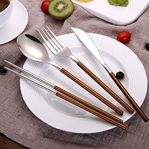 HENGRUI Acero Inoxidable 18/10 Costura de Dos Colores Tenedor Cuchara Cuchillo Juego de Cubiertos,4pcs