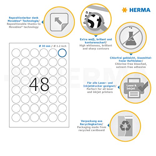 Herma 4387 - Pack de 1200 etiquetas, diámetro 30 mm, color blanco