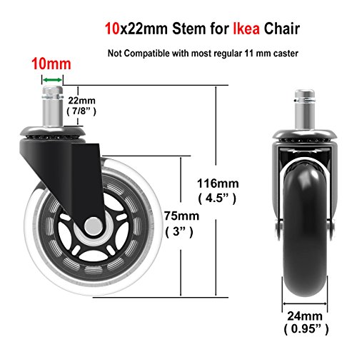 Herrman Repuesto de rueda de silla de 10 mm, protección de madera resistente para suelos de madera para sillas de oficina de IKEA, ruedas de goma PU resistentes , tamaño: 10*22mm
