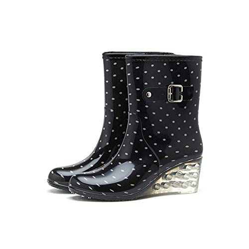 HFCIUD Botas De Lluvia, Tubo Negro De Tacón Alto Botas De Lluvia Femenina Punto Blanco De Moda Botas De Lluvia Plus Antideslizante con Cuña De Terciopelo Impermeable Zapatos Zapatos De Mujer,38