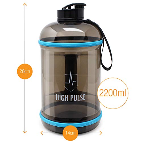 High Pulse Botella de agua para gimnasio 2,2 L – La botella deportiva con asa no se derrama y es el accesorio de gimnasio perfecto – Sin BPA