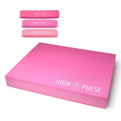 High Pulse® Colchoneta Equilibrio + Poster Ejercicios + Bandas elásticas Fitness – Plataforma de Equilibrio para Fitness, Yoga, Pilates y Tratamiento de Lesiones (Rosa)