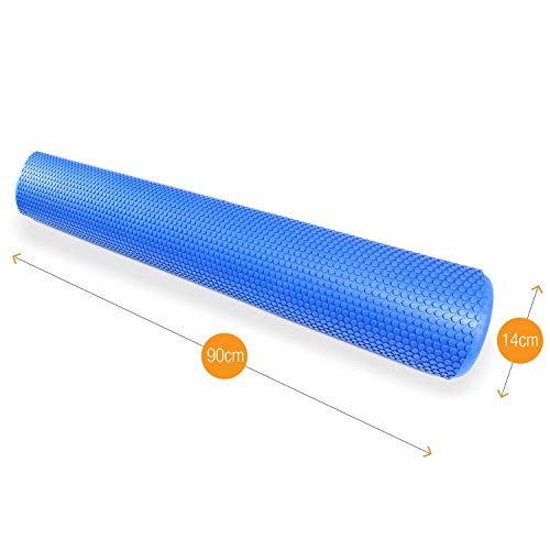 High Pulse Rodillo Pilates (90x15 cm) Póster con Ejercicios + Banda Elástica - Rodillo de espuma para músculos, fitness o masaje de corporal (Azul)